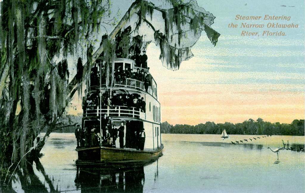 Color postcard of a steamer entering the Ocklawaha River