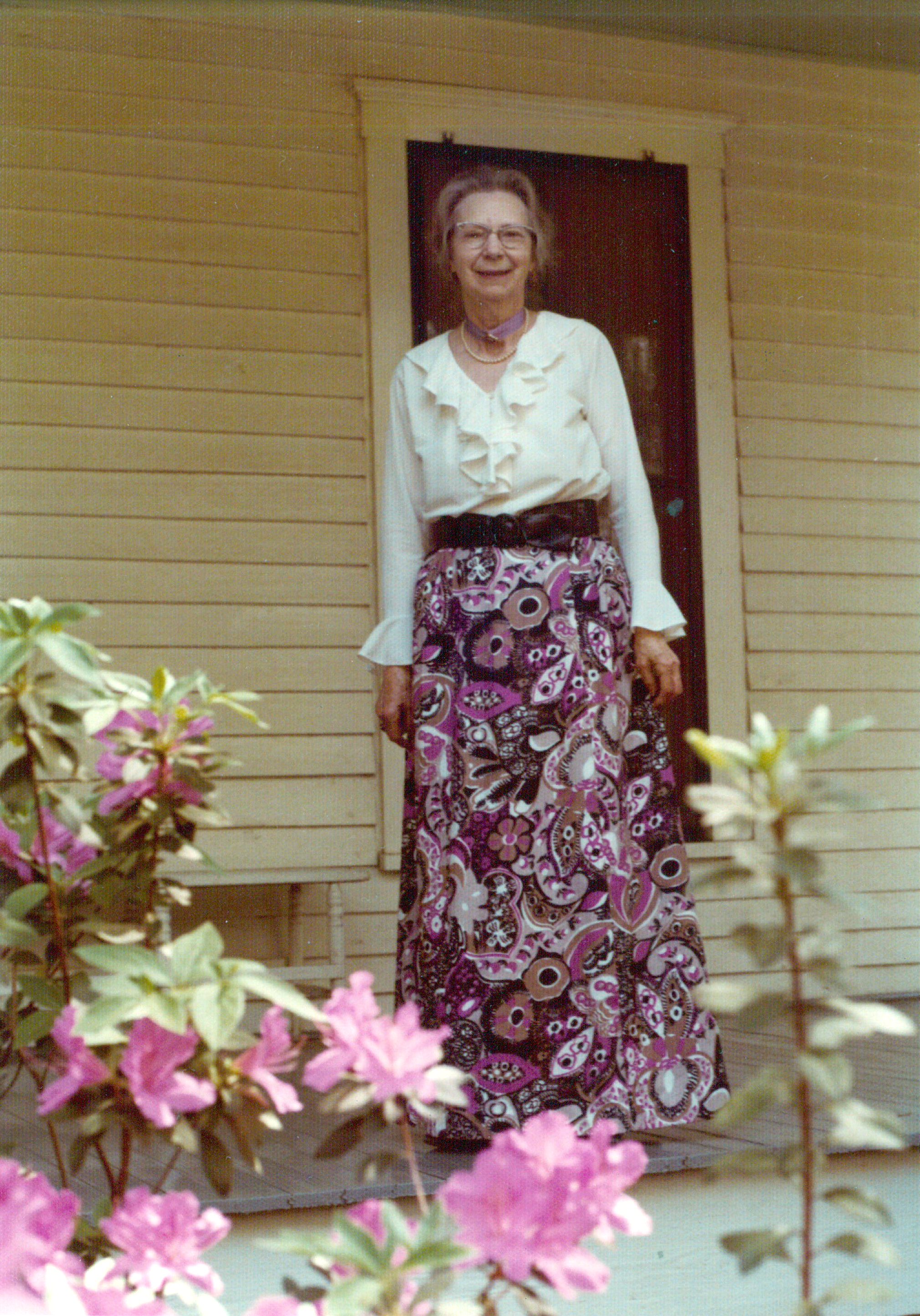 Sarah Matheson 1976 on Matheson House porch
